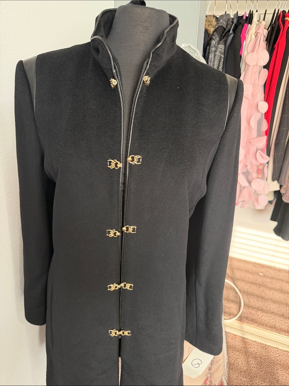 St. John Collection Black Trench Coat with Gold Toggle Details